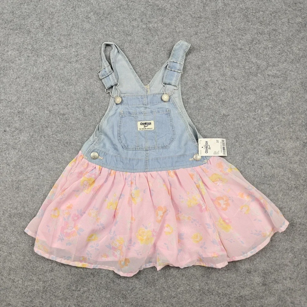 OshKosh Dress Girls 3T Pink Floral Denim Overall Skirtall Casual Summer New